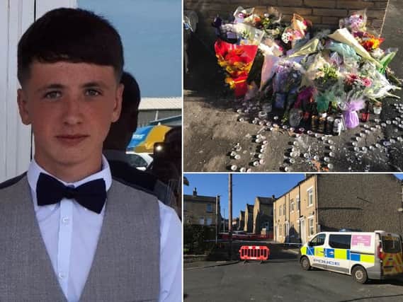 Jamie Brown and floral tributes left at the scene of the fatal stabbing in Ovenden