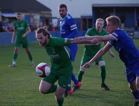 Brighouse Towns Iwan Heeley in the 4-1 FA Trophy defeat at Farsley Celtic on Saturday. Picture: Steve Ambler.