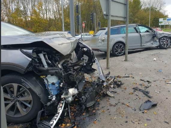 These shocking photos show the aftermath of a two vehicle smash in West Yorkshire. PIC: WYP