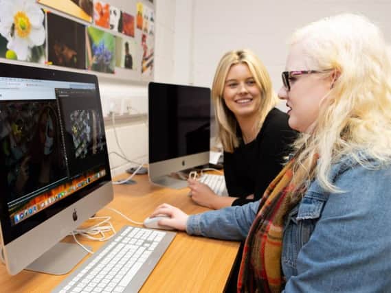 Emma Lister, with a student, at the opening of the new DigiHub, at Calderdale College, Francis Street, Halifax