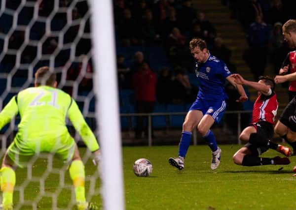 Actions from FC Halifax Town v Morcambe, FA Cup match, at the Shay. Cameron King nets the winner for The Shaymen