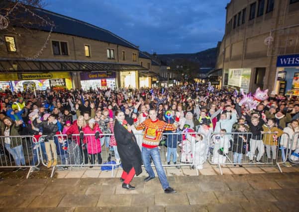 Halifax Christmas lights switch-on at The Woolshops. Pulse Breakfast presenters Rosie Madison and Danny Mylo with the crowd.