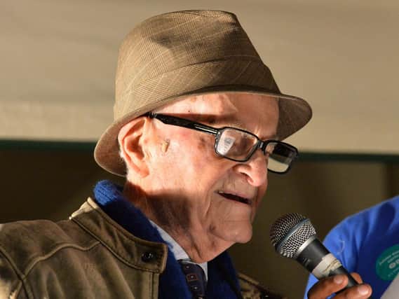 Harry Leslie Smith speaks as junior doctors and medical students protest against the proposed changes to their contracts during a rally in Victoria Gardens, Leeds.Picture: Anna Gowthorpe