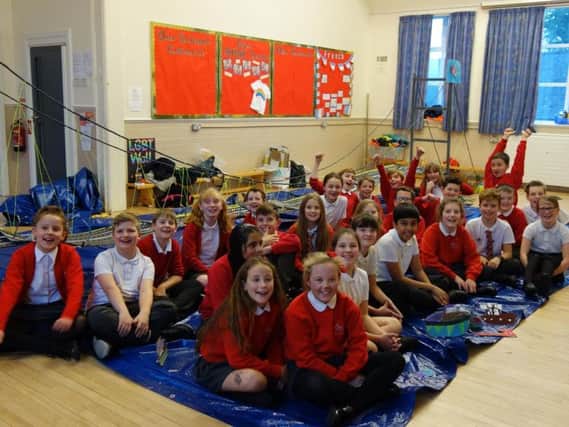 All Saints pupils with their Big Build, a model of the Humber Bridge.