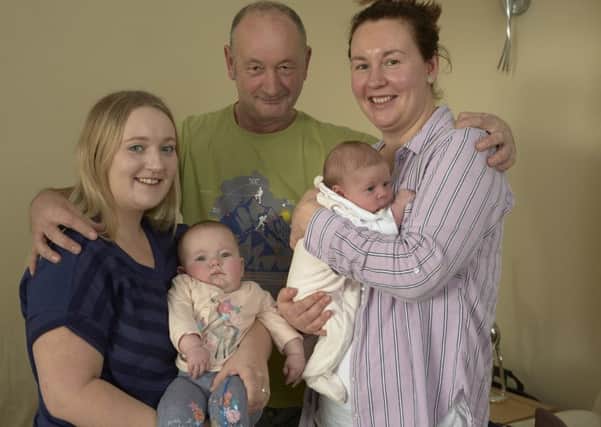 Paul Dainton with Emily Dainton, Rebecca Dainton and babies Niamh aged five months and Sofia aged five weeks.