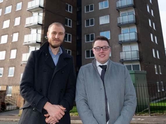 Coun Daniel Sutherland, Cabinet Member for Planning, Housing and Environment (left) and Matthew Settle, director, Sterling Properties (right) pictured outside Calder Rise