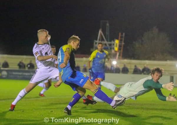 Action from Halifax's 0-0 draw at Solihull in the National League earlier this season. Photo: Tom King Photography
