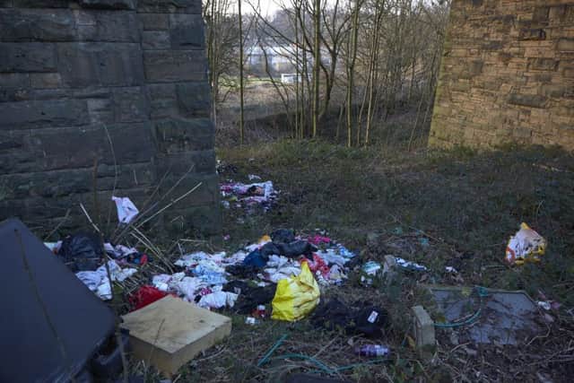 Peter Davies at the site of fly tipping at the side of Thornhills Beck Lane, Brighouse.