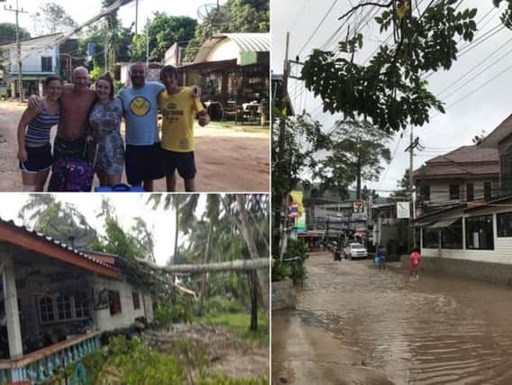 Holidaymakers from Siddal, Halifax,  battled through the eye of the worst Thai storms in 30 years. The gales uprooted trees and tore down buildings, Inset - the pals enjoy calmer times.
