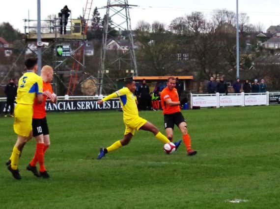 Aaron Martin scores for Brighouse against AFC Mansfield last weekend. PIC: Steven Ambler.