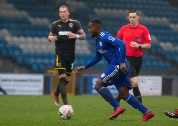 Actions from FC Halifax Town v AFC Wimbledon, FA Cup R2, at the Shay. Mekhi McLeod