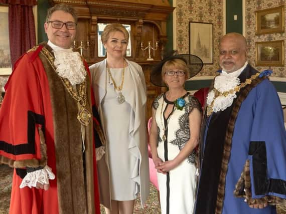 The new Mayor and Mayoress of Calderdale Coun Marcus Thmpson and Nicola Chance Thmpson with their deputies Coun Chris Pillai and Beverley Krishnapillai.