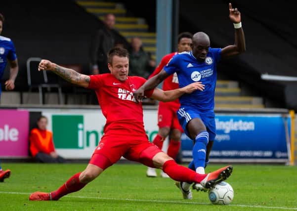 Actions from Halifax Town v Leyton Orient, at The Shay. Sanmi Odelusi