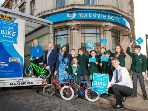 The Bike Libraries collection tour makes a stop a Yorkshire Banks Harrogate branch - with pupils from Brackenfield School, Harrogate