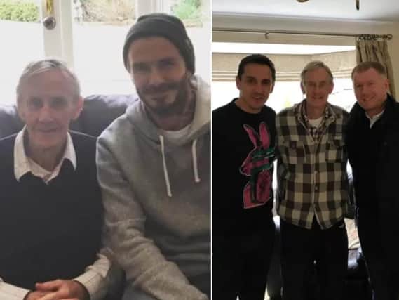 Halifax's Eric Harrison with his former players David Beckham, Gary Neville and Paul Scholes