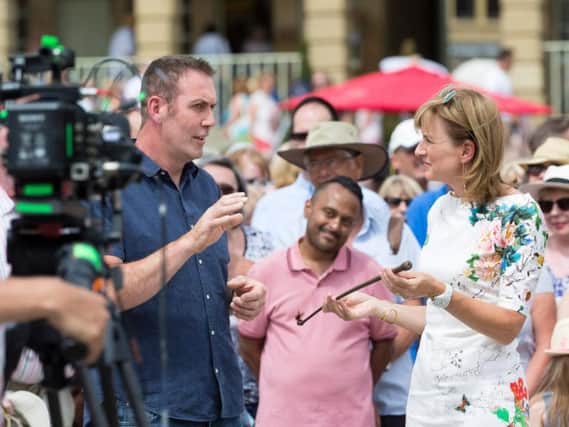Fiona Bruce presenting Antiques Roadshow in Halifax last year.