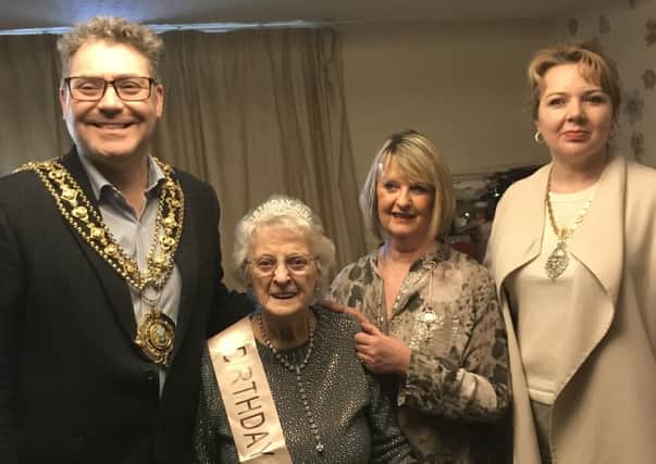 Mayor of Calderdale Marcus Thompson with Phyllis, her daughter Jean and the Mayoress Nicky Chance-Thompson