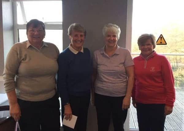 Huddersfield, Halifax Ladies Winter Alliance
From the left, winners Irene Battye and Carol Crowther with Outlane 
Lady Captains Elaine Horsfall and Lynne Knight