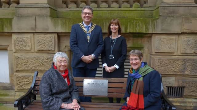New Home: The memorial bench, dedicated to Hilda Baruch, outside Halifax Town Hall.