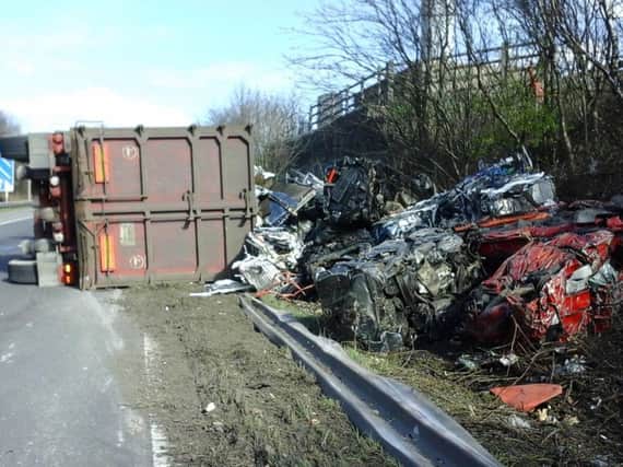 The crashed lorry off the M62 at Brighouse. (Picture Highways England)