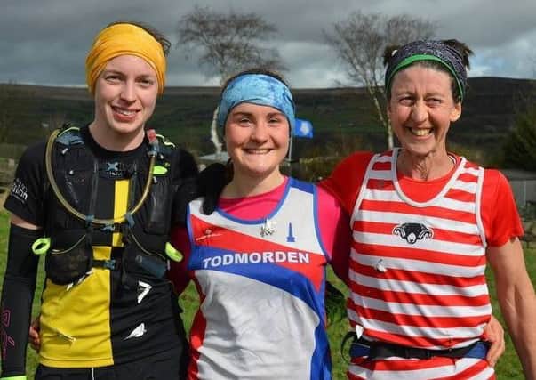 Heptonstall first three with winner Annie Roberts in the middle and Jo Buckley on the right. Picture: Woodentops
