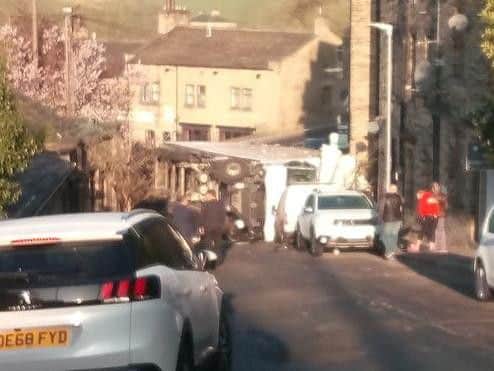 The overturned lorry in Halifax