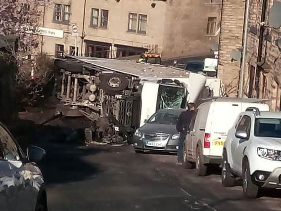 The overturned lorry at Stump Cross in Halifax