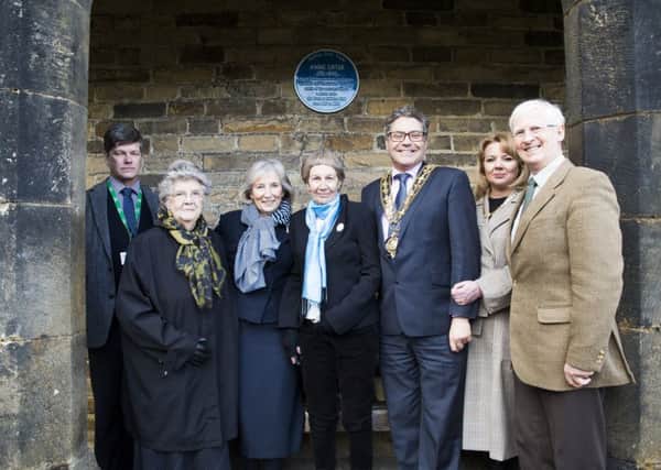 Anne Lister blue plaque unveiling at Shibden Hall Halifax. From the left, Calderdale Museums manager Richard Macfarlane, author Helena Whitbread, deputy lieutenent of West Yorkshire Chris Harris, author Jill Liddington, Mayor of Calderdale cancillor Marcus Thompson, mayoress Nicky Chance-Thompson and Chaiman of Halifax Civic Trust Dr John Hargreaves.