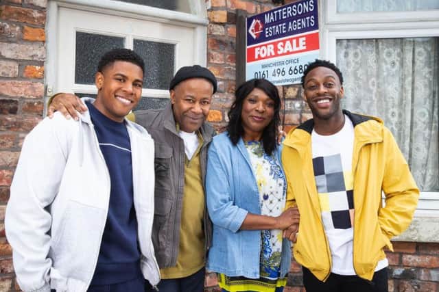 The first black family in Coronation Street is made up of Dad Edison (Trevor Michael Georges), known as Ed, and Mum Aggie (Lorna Laidlaw), both in their 50s, and their two sons Michael (Ryan Russell) and James (Nathan Graham).