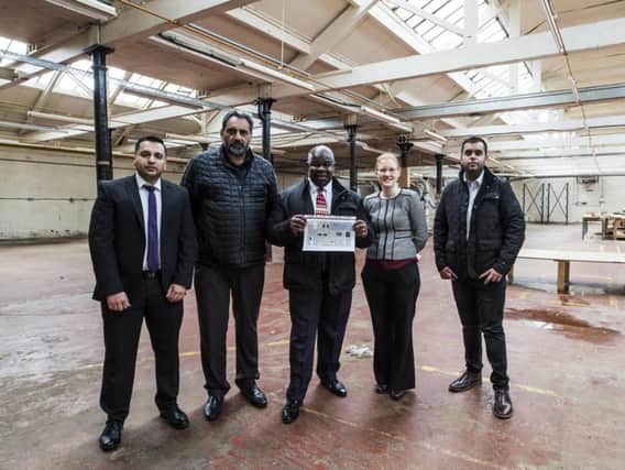 Plans for new education centre, Unique Potential, for people with physical and learning disabilities, at Ridings Business Park, Halifax. From the left, financial backers Jas Chatha and Aamer Ayub, founder Derek Clarke, Halifax PM Holly Lynch and councillor Faisal Shoukat.