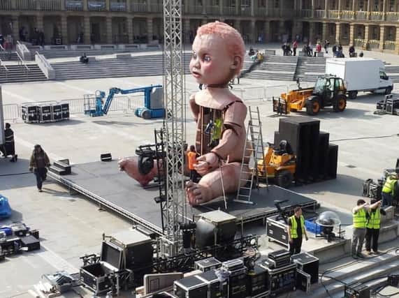 Baby arrives at The Piece Hall, Halifax Credit Mind the Gap Theatre Company