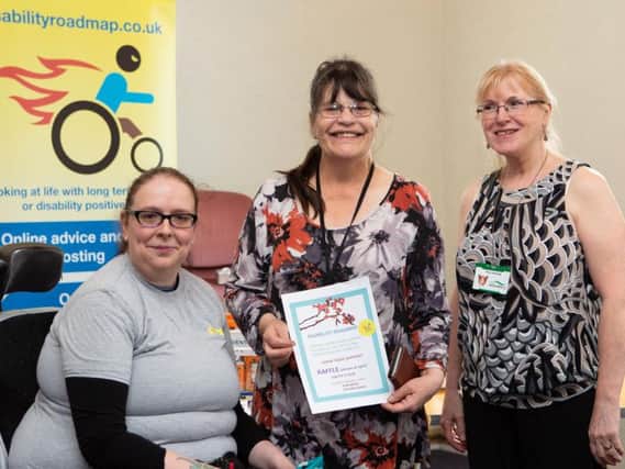 Alison Schofield from Disability Roadmap, with Margery Longstaffe and Barbara Clay, from Calderdale Council, at Disability Partnership Calderdale launch of their National Lottery Community Fund, three year project, The Kings Centre, Halifax