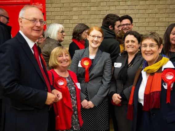 Labour MP Holly Lynch, with councillors, at Calderdale Council election count 2019, NBLC, Halifax