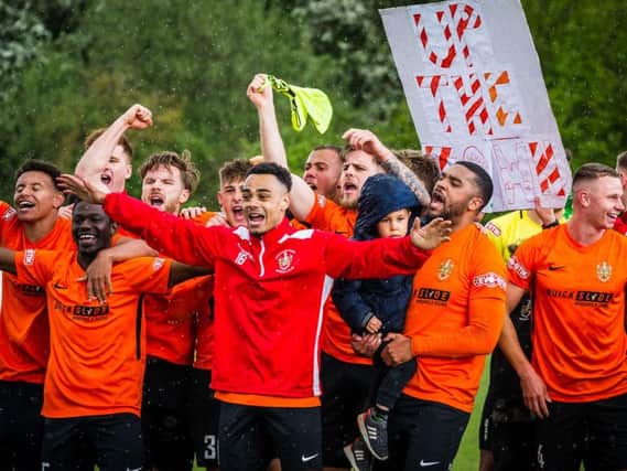 Brighouse Town celebrate victory in the play-off final. PIC: James Heaton.