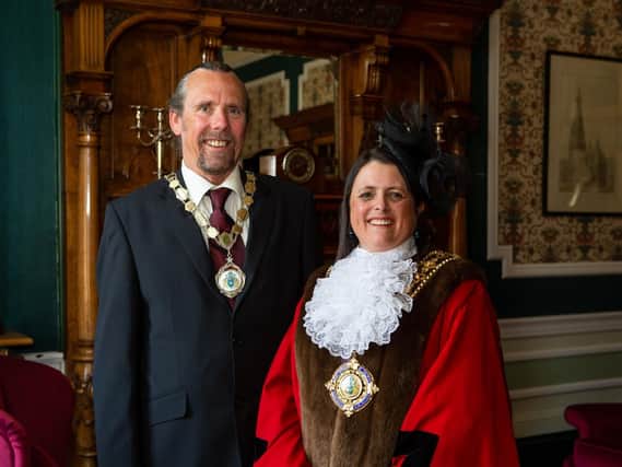 New Mayor of Calderdale, coun Dot Foster, with consort Mick Foster, pictured in the mayors parlor, Halifax Town Hall