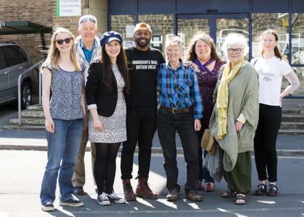Green Party visit Todmorden. From the left, Louise Houghton, Finn Jensen, Greep Party deputy leader Amelia Womack, MEP candidate Magid Magid, Barbara Jones from TLCCH (Todmorden Learning Centre and Community Hub), and Mary Clear, Estelle Brown and Angharad Turner from Incredible Edible Todmorden.