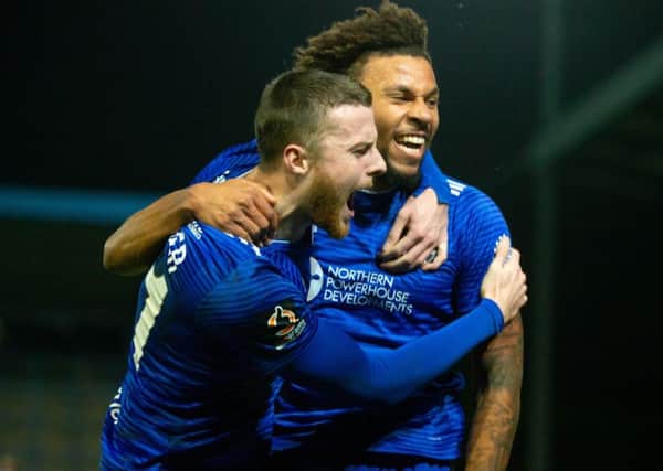 Jonathan Edwards celebrates his goal with Niall Maher, FC Halifax Town v Harrogate Town at the Shay, Halifax
