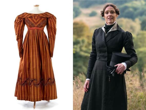 1820s era dress on display at the Fashion Gallery at Bankfield Museum, Halifax. Suranne Jones as Anne Lister (Lookout Point/HBO)