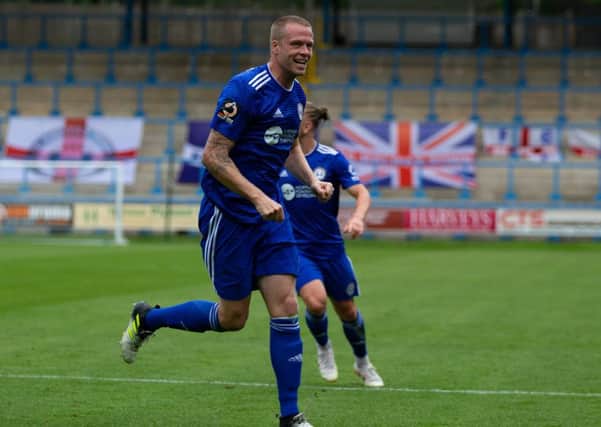 Actions from FC Halifax Town v Dag and Red. Nathan Clarke