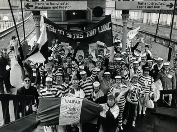 Halifax fans set off from Halifax railway station to go to Wembley in 1987 for the Challenge Cup final