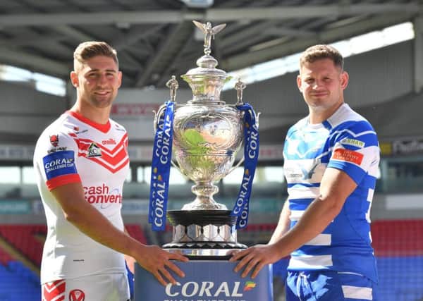 St Helens' Tommy Makinson and Halifax's Jacob Fairbank ahead of this weekend's Challenge Cup semi-final. Picture: SWpix
