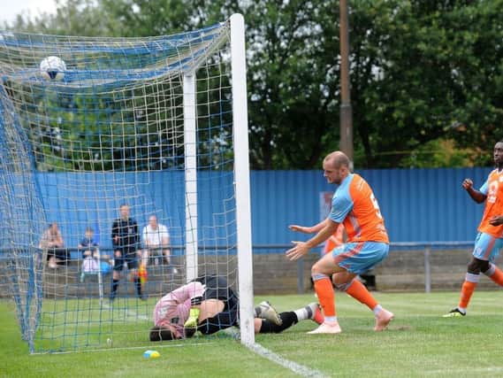 Farsley Celtic v Halifax Town. Josh Staunton scores the opening goal..13th July 2019.Picture by Simon Hulme