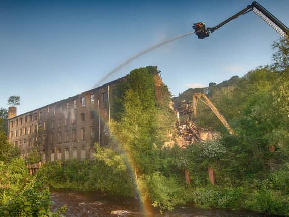 Demolition of the old Walkley Clogs mill on Burnley Road, Mytholmroyd, following a huge fire on August 1 2019
