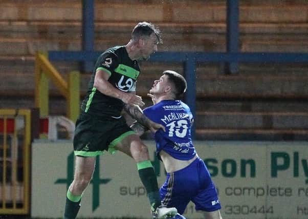HALIFAX, ENGLAND 6TH AUGUST Michael Raynes of Hartlepool United in action with Liam Mcalinden           during the Vanarama National League match between FC Halifax Town and Hartlepool United at The Shay, Halifax on Tuesday 6th August 2019. (Credit: Mark Fletcher | MI News)