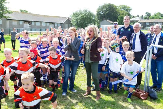 Deputy mayor Angie Gallagher and MP Holly Lynch, open the renovated rugby pitch, at Illingworth Sports Club, Halifax