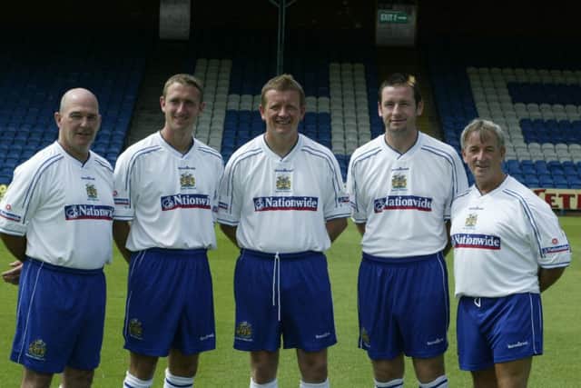 Halifax Town's backroom team from 2003: Alan Jackson, Sean McAuley, Chris Wilder, Paul Stoneman, and Tommy Gildert