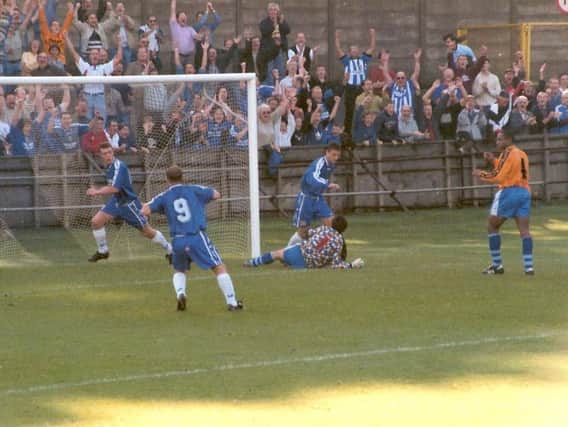 Geoff Horsfield scores. Halifax v Stevenage, The Shay, October 18, 1997. Photo: Keith Middleton