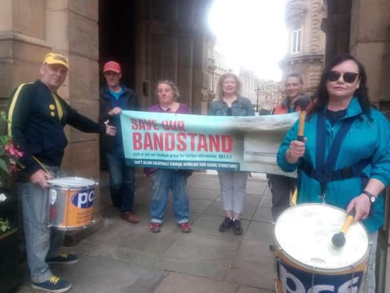 Campaigners banged the drum for Centre Vale Park, Todmordens, iconic bandstand when they lobbied councillors outside Halifax Town Hall