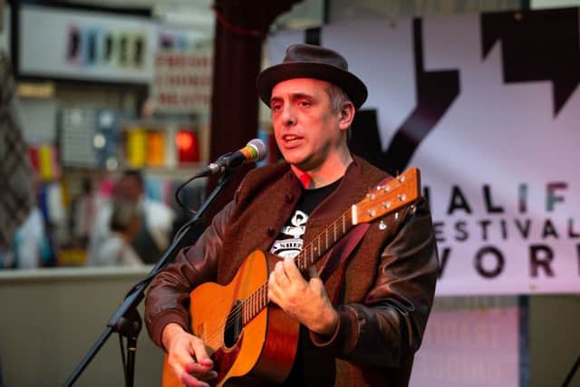Gareth Scott, plays original music, at Halifax Festival of Words, Halifax Borough Market