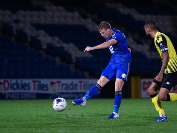 Dayle Southwell in action during Halifax's 1-0 defeat to Harrogate at The Shay last month.